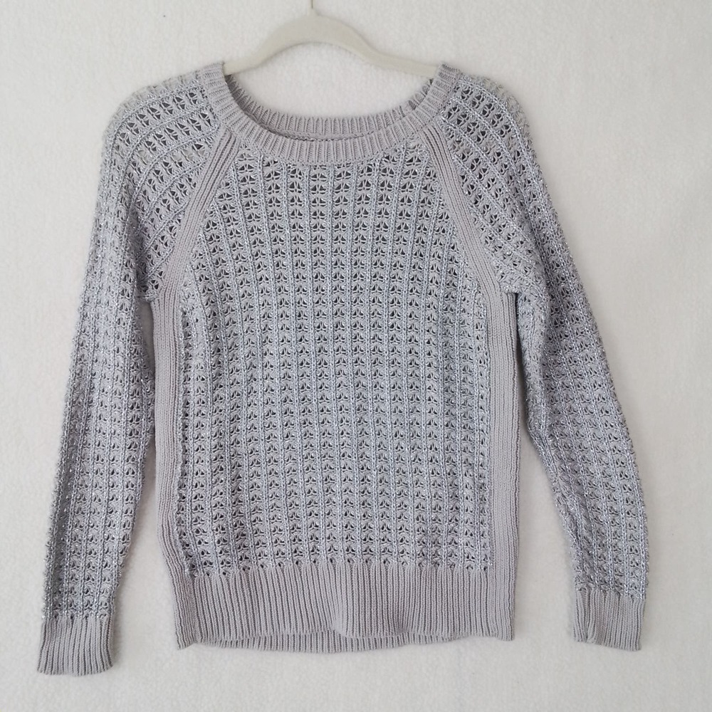 Loft Open Knit Sweater Size Small in Beige w/‎ Metallic Silver Threads